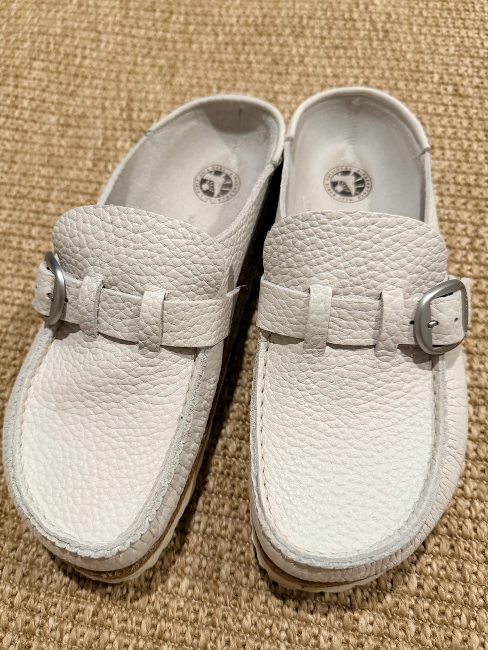 Birkenstock Women White Leather Slip-On Shoes with Buckle